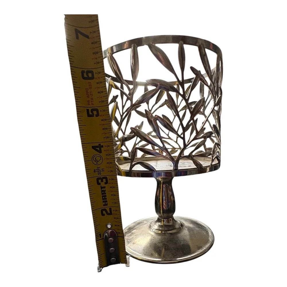 Bath & Body Works‎ 3-Wick Candle Holder Silver Pedestal Intertwined Leaves 5" - Picture 4 of 4